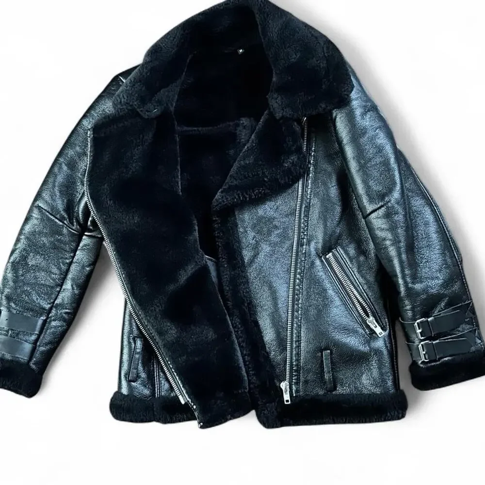 Black Vegan Faux Leather Zip Up Bomber Moto Jacket Faux Fur Collar Trim Buckle M